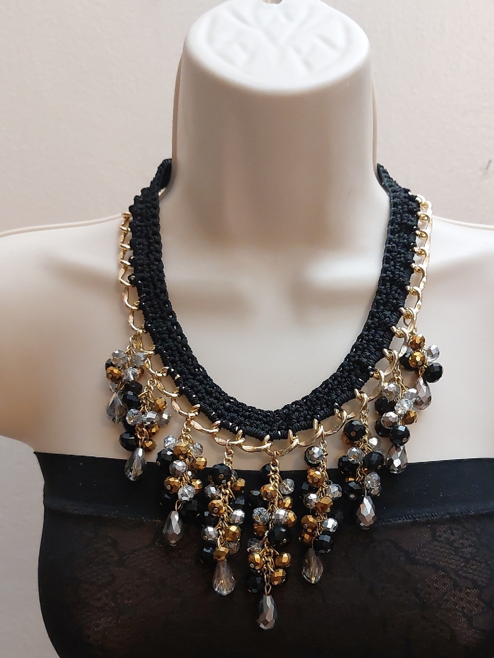 Bold Haute Couture Simply Stunning Collar Bib Necklace W/ Dangling Bead Clusters